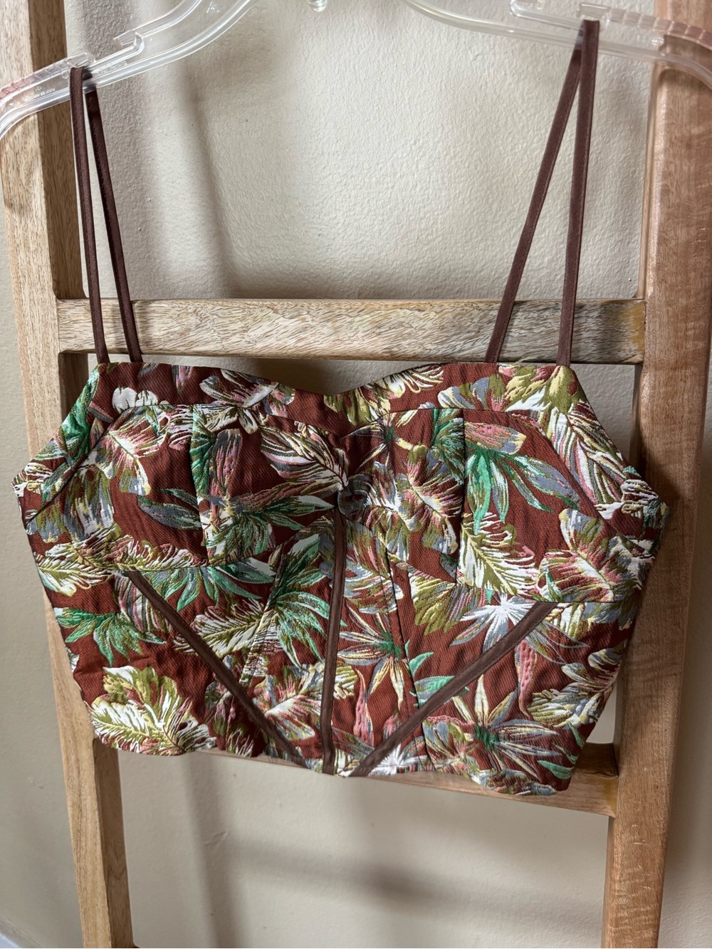 Tropical Leaf Print Bustier Crop Top - Brown & Green